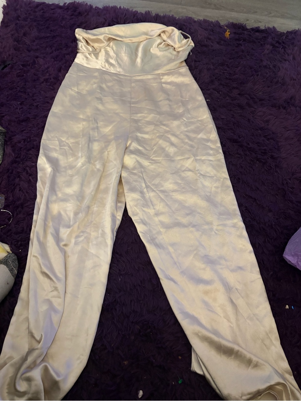 Lush Cream Satin Strapless Wide-Leg Jumpsuit